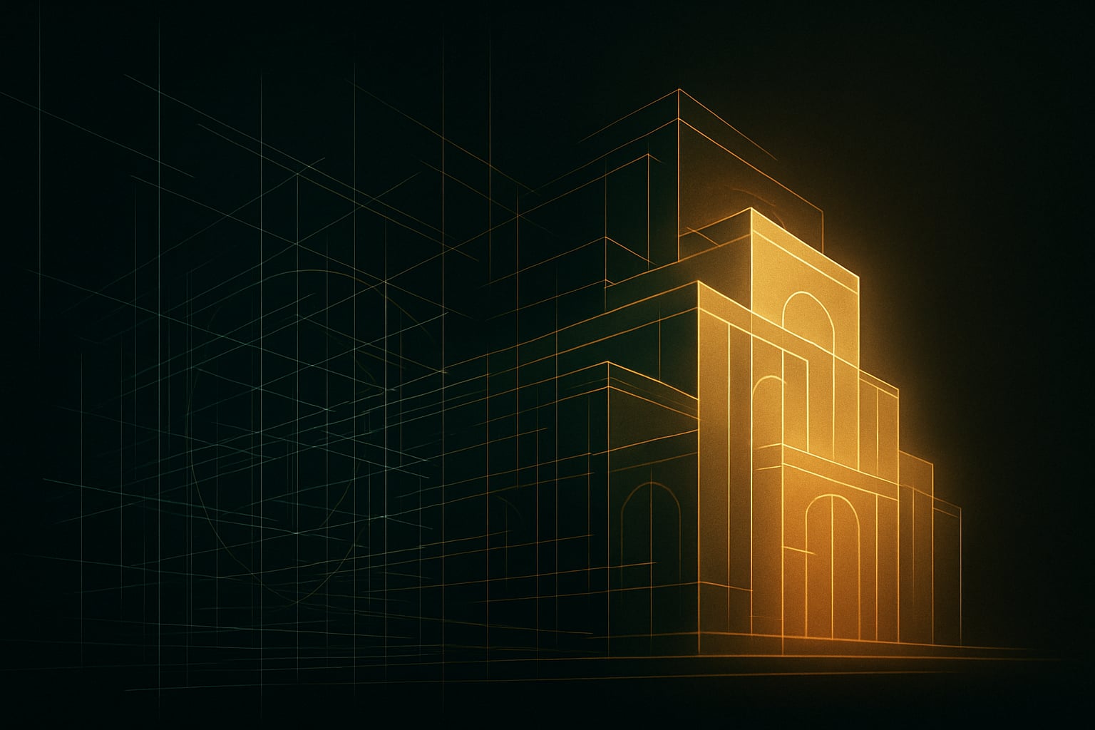 Abstract blueprint dissolving into luminous digital structure