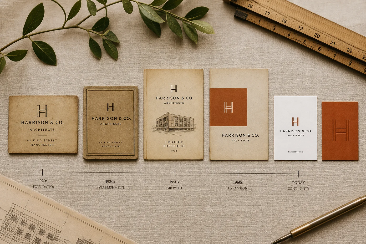 Brand identity artefacts across decades  -  from vintage letterpress to modern print, showing consistent visual DNA evolving through time
